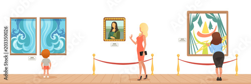 Museum visitors looking at paintings hanging on gallery wall, people attending museum horizontal vector Illustration
