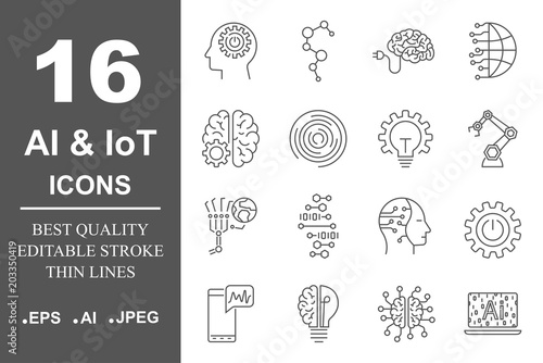 Artificial Intelligence Related Vector Icon AI, IoT, robot, chipping, setting. Editable Stroke