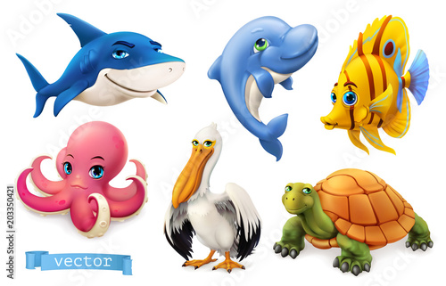 Funny sea animals and fishes. 3d vector icon set