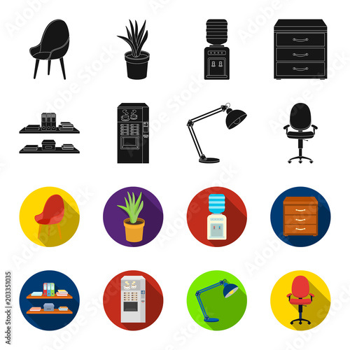 Shelves, folders and notebooks with business records, a coffee machine with cups, an armchair with a backrest on wheels, a desk lamp. Office Furniture set collection icons in black,flet style vector