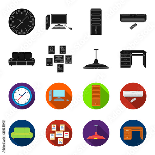 Comfortable sofa, letters and diplomas within the framework, an office ceiling lamp, a desk with drawers. Office Furniture set collection icons in black,flet style vector symbol stock illustration web