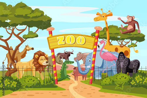 Zoo entrance gates cartoon poster with elephant giraffe lion safari animals and visitors on territory vector illustration, cartoon style, isolated