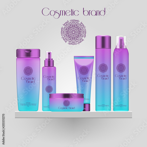 Set of realistic gradient color cosmetic bottle. 3D mockup bottle isolated on white background. Cosmetic products package.