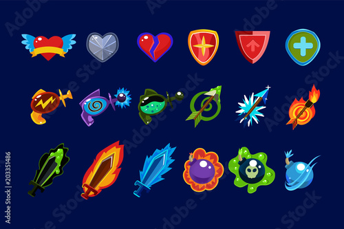 Vector set of mobile game assets. Hearts, defense shields, bottles with poisons magic elixirs, arrows, swords and bombs