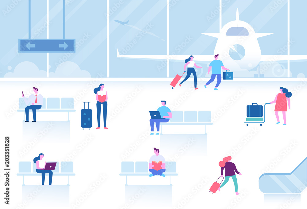 Different people sitting and walking in airport terminal. Travel concept. Infographics elements. Flat vector set. Different people sitting and walking in airport terminal. Travel concept. Infographics elements. Flat vector set.