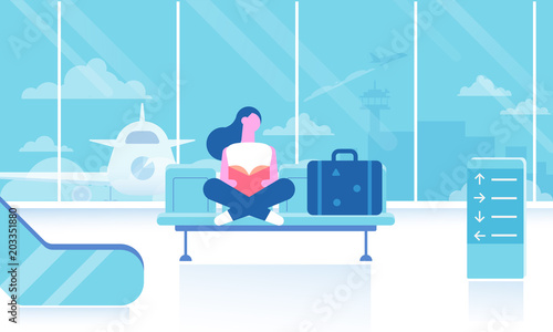 Girl  sitting  and reading book in airport terminal. Travel concept. Tourist, passenger. Flat vector set.