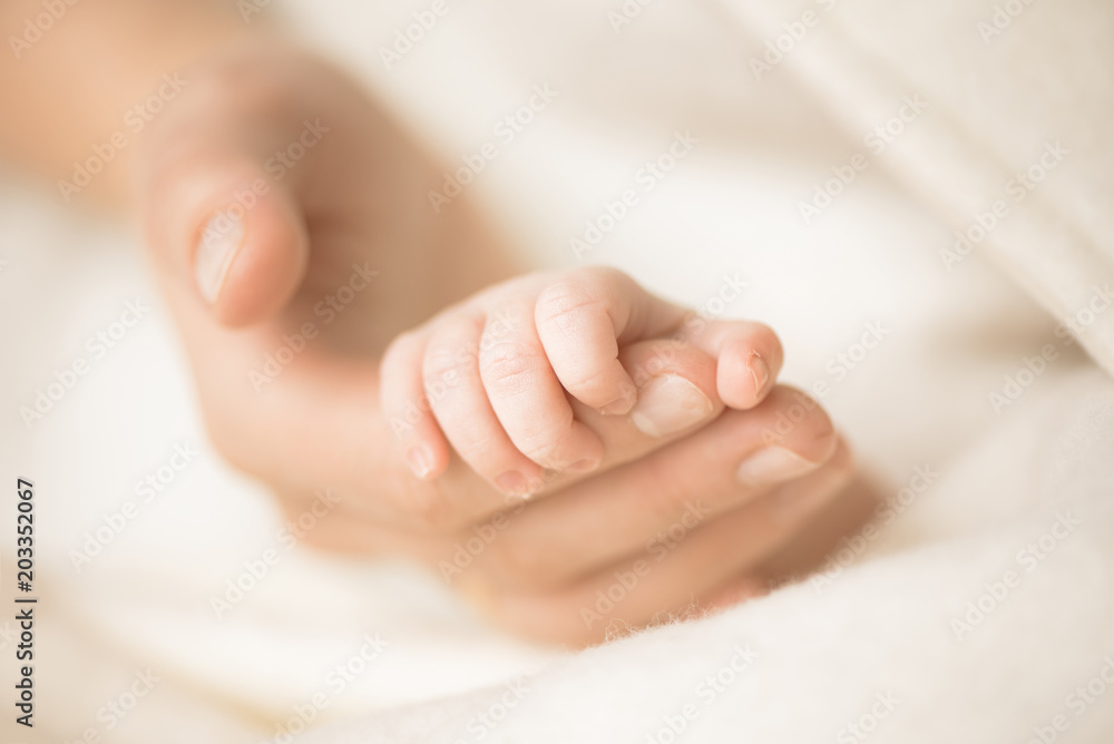 Female hand holding her newborn baby's hand. Mom with her child. Maternity, family, birth concept. Copy space for your text Female hand holding her newborn baby's hand. Mom with her child. Maternity, family, birth concept. Copy space for your text