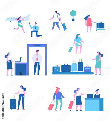 Vector set of people characters isolated on white. Men and women sitting and walking in airport terminal. Infographics elements. Flat vector illustration.
