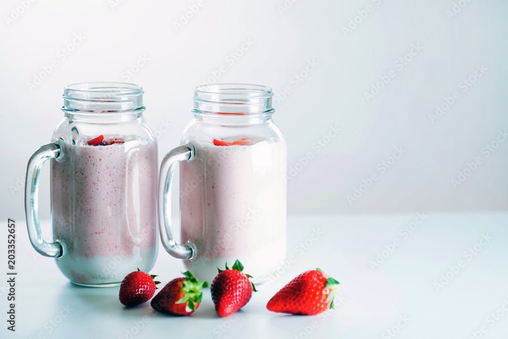 Strawberry milkshake in the glass jar Strawberry milkshake in the glass jar