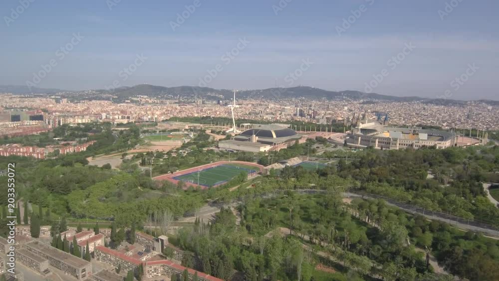 Montjuic mountain. Olympic zone. Barcelona. Aerial shot. Montjuic mountain. Olympic zone. Barcelona. Aerial shot.