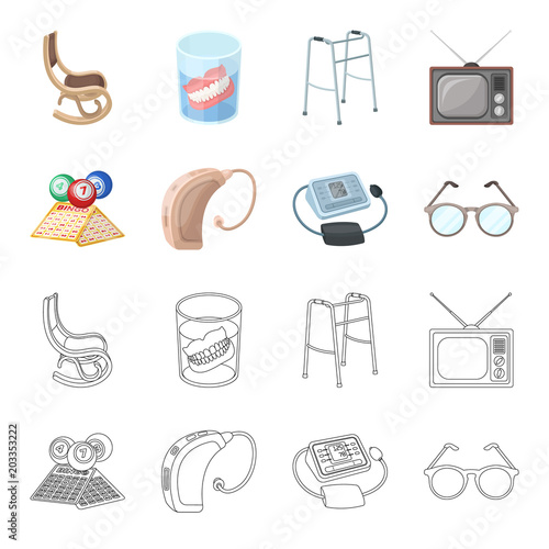 Lottery, hearing aid, tonometer, glasses.Old age set collection icons in cartoon,outline style vector symbol stock illustration web.