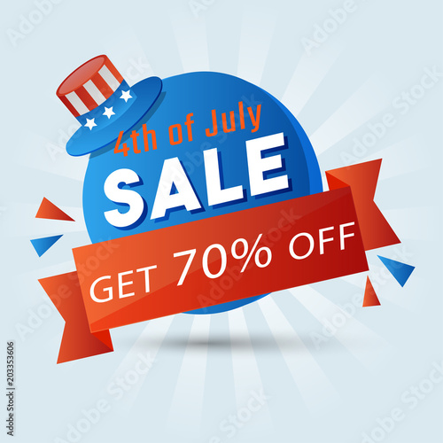 4th of July, sale sticker design with hat and 70% off offers.