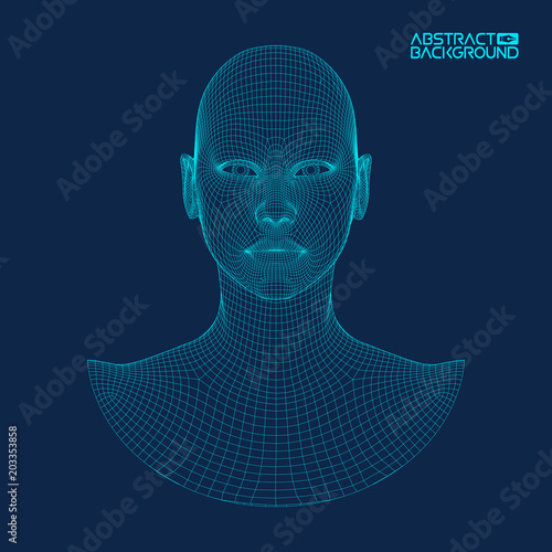 Ai digital brain. Artificial intelligence concept. Human head in robot digital computer interpretation. Wireframe head concept.