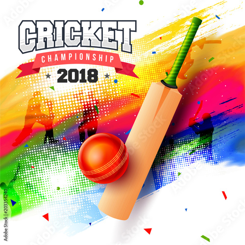 Cricket championship concept with bat and ball on colorful grungy background.