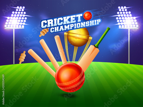Close view of a cricket wickets, bat, ball and winning trophy on night stadium background.