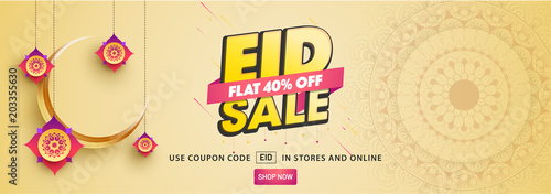 Eid sale, web header or banner design with crescent moon, and flat 40% discount offers on beige background.