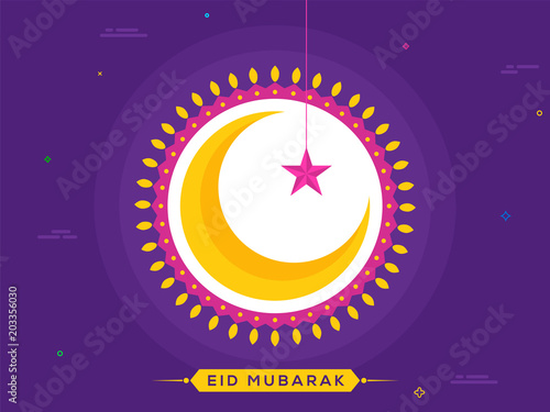 Crescent golden moon  hanging star and light bulbs on purple background. Eid Mubarak celebration concept.