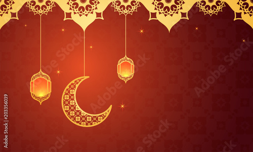 Hanging crescent moon and intricate lanterns on rust orange color background.