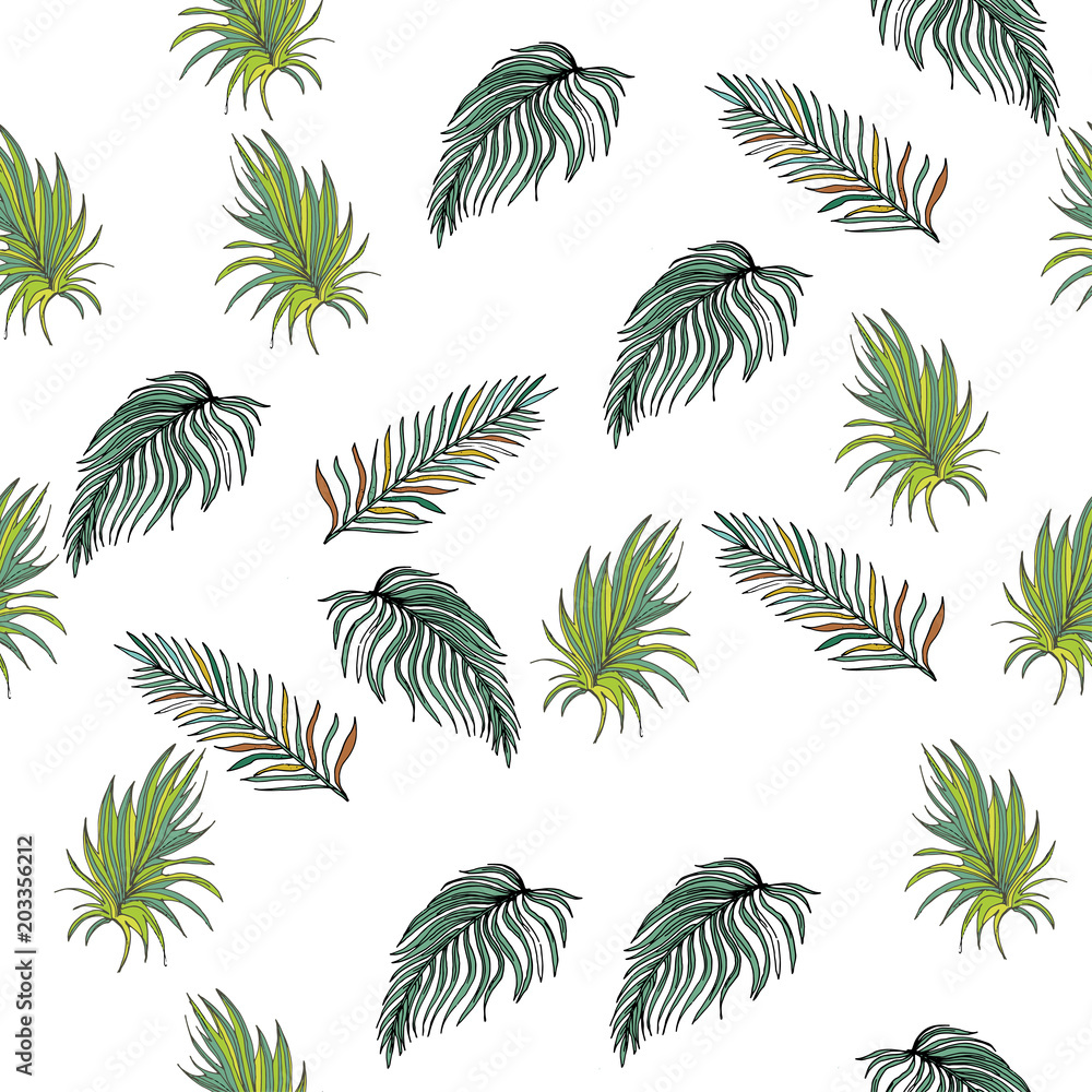 Hand Drawn Seamless Background With Palm Leaves And Tropical Flowers. Jungle Pattern For Textile Or Book Covers, Manufacturing, Wallpapers, Print, Gift Wrap And Scrapbooking.