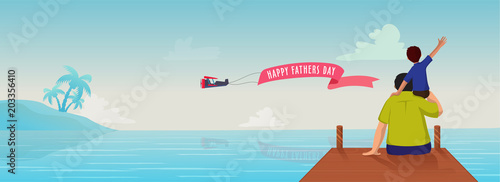 Web header or banner design with a son on his father's shoulder and seeing ocean together.