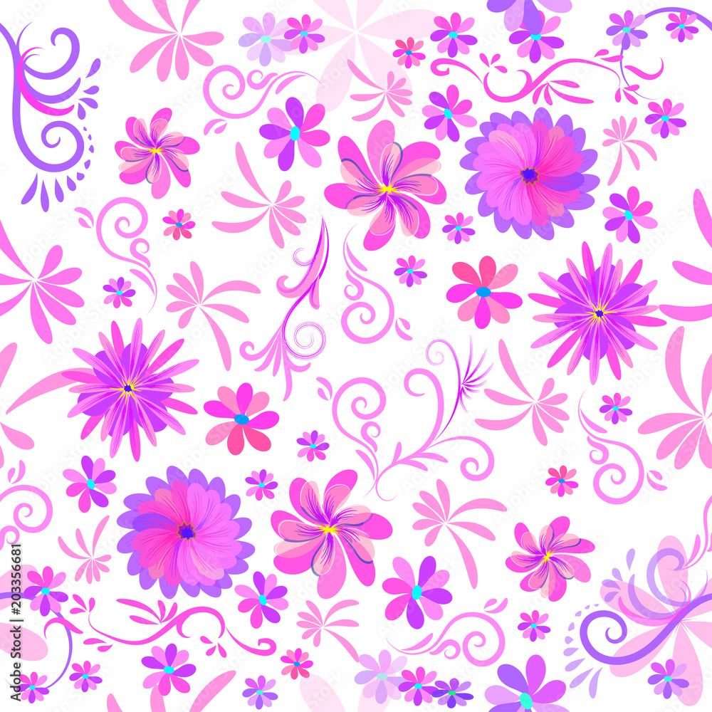 Vector seamless pattern with decorative flowers on white background. Modern coloring. Vector seamless pattern with decorative flowers on white background. Modern coloring.