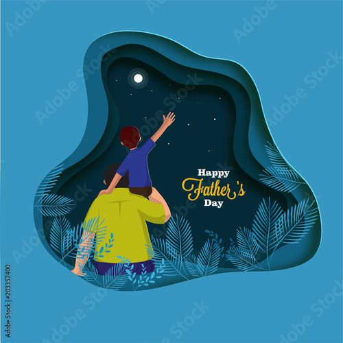 Son on his father shoulders, father and son duo staring night sky. Happy Father's Day celebration concept.