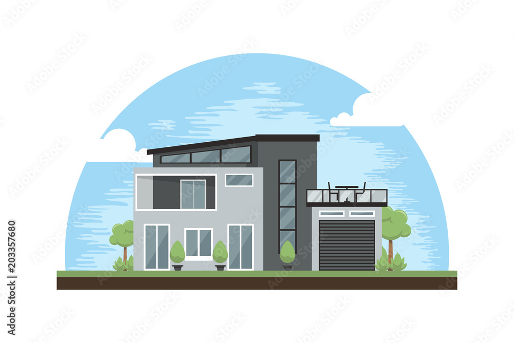 Modern House Design Inspirations Cartoon Illustrations. Exterior Cottage.  Real Estate Architecture facade home Stock Vector | Adobe Stock