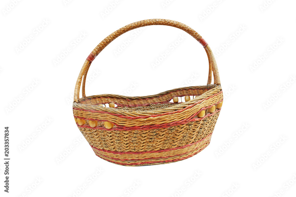 Empty brown basket made from rolled up pieces of old paper ,recycling isolated on white background