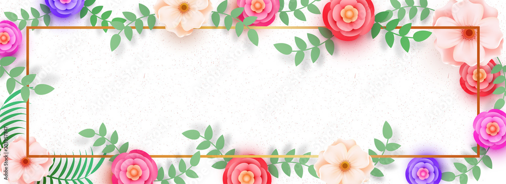 Website banner decorated with beautiful flowers on white background, space for your text.