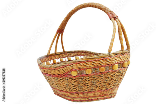 Empty brown basket made from rolled up pieces of old paper ,recycling isolated on white background