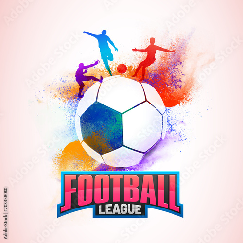 Colorful silhouette of football players in action and soccer ball on colorful grungy pattern and shiny text Football League.