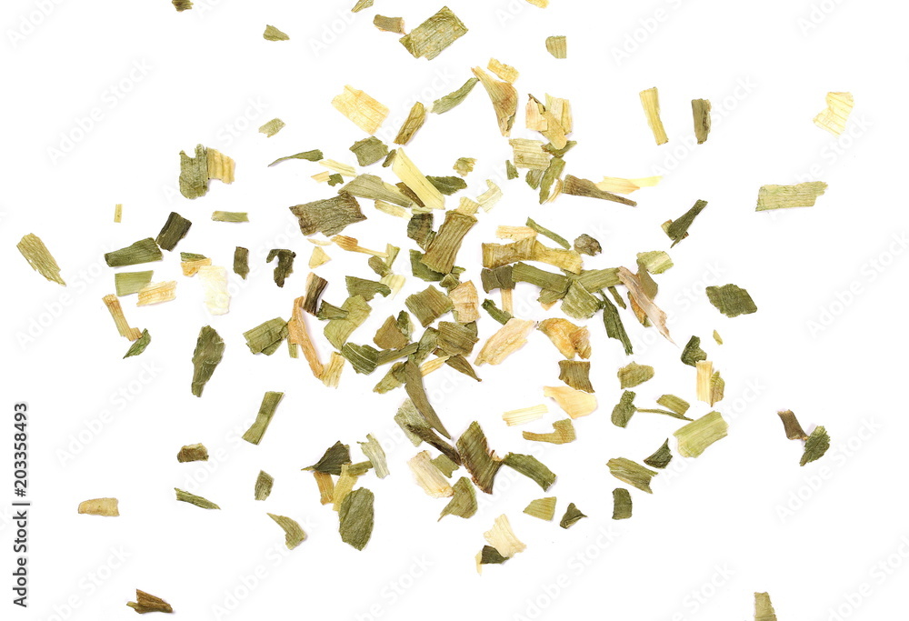 Fototapeta premium Dry leek pile isolated on white background, top view