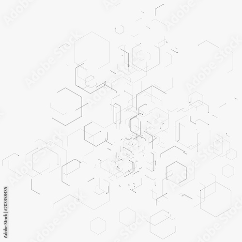 Abstract vector illustration with hexagons, lines and dots on white background. Hexagon infographic. Digital technology, science or medical concept. Hexagonal geometric vector background