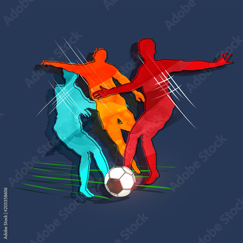 Colorful silhouetter of footballers in action on blue background. photo