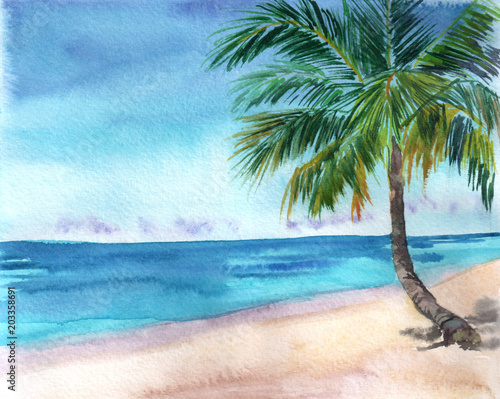 Obraz na płótnie Ręcznie rysowane tropikalny tło. Seascape z morzem, piasek plaża, palma. Idylliczny widok. Ilustracja