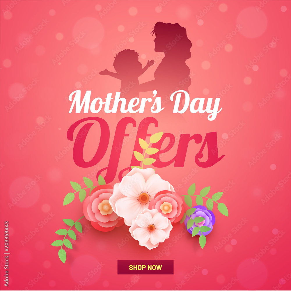 Silhouette of a mother and her infant, beautiful flowers on shiny pink background.