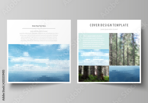 Templates for square design brochure, magazine, flyer, booklet or annual report. Leaflet cover, abstract vector layout. Colorful background, travel business, natural landscape in polygonal style.