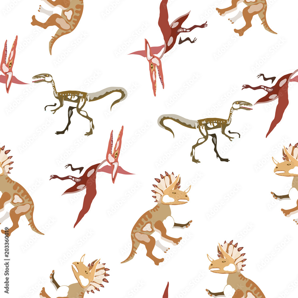 Vector seamless pattern. Dinosaurs. T-REX, Tyrannosaur, Velociraptor, Triceratops, Brontosaurus, Parasaurolophus, Stegosaurus, Pteranodon. Vector seamless pattern. Dinosaurs. T-REX, Tyrannosaur, Velociraptor, Triceratops, Brontosaurus, Parasaurolophus, Stegosaurus, Pteranodon.