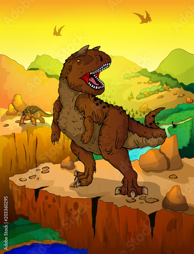 Carnotaur with landscape background. Vector illustration of a cartoon dinosaurs.