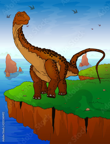 Diplodocus on the background of the sea. Vector illustration.