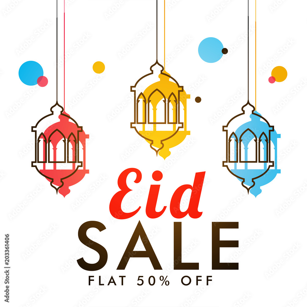 Eid sale banner design with hanging colorful lanterns and flat 50% off offers. Eid sale banner design with hanging colorful lanterns and flat 50% off offers.