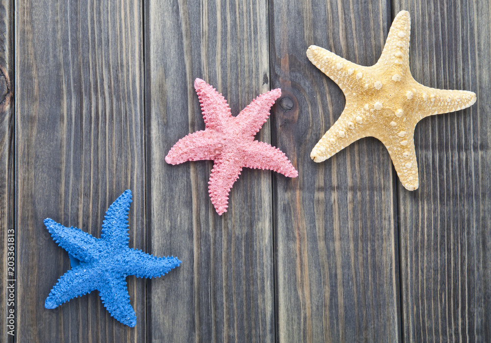 sea stars on a wooden background sea stars on a wooden background