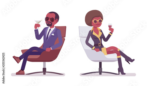 Secret agent black man and woman, spies relaxing and drinking