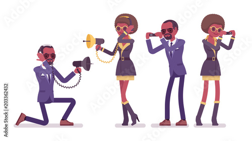 Secret agent black man and woman, spies with professional device
