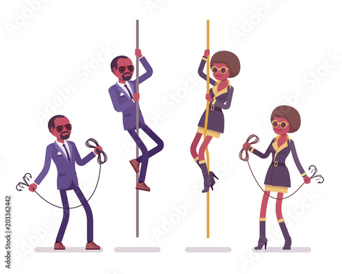 Secret agent black man and woman, spies rope climbing