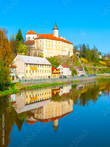 Medieval Castle Ledec nad Sazavou. Reflection in Sazava River  Czech Republic.