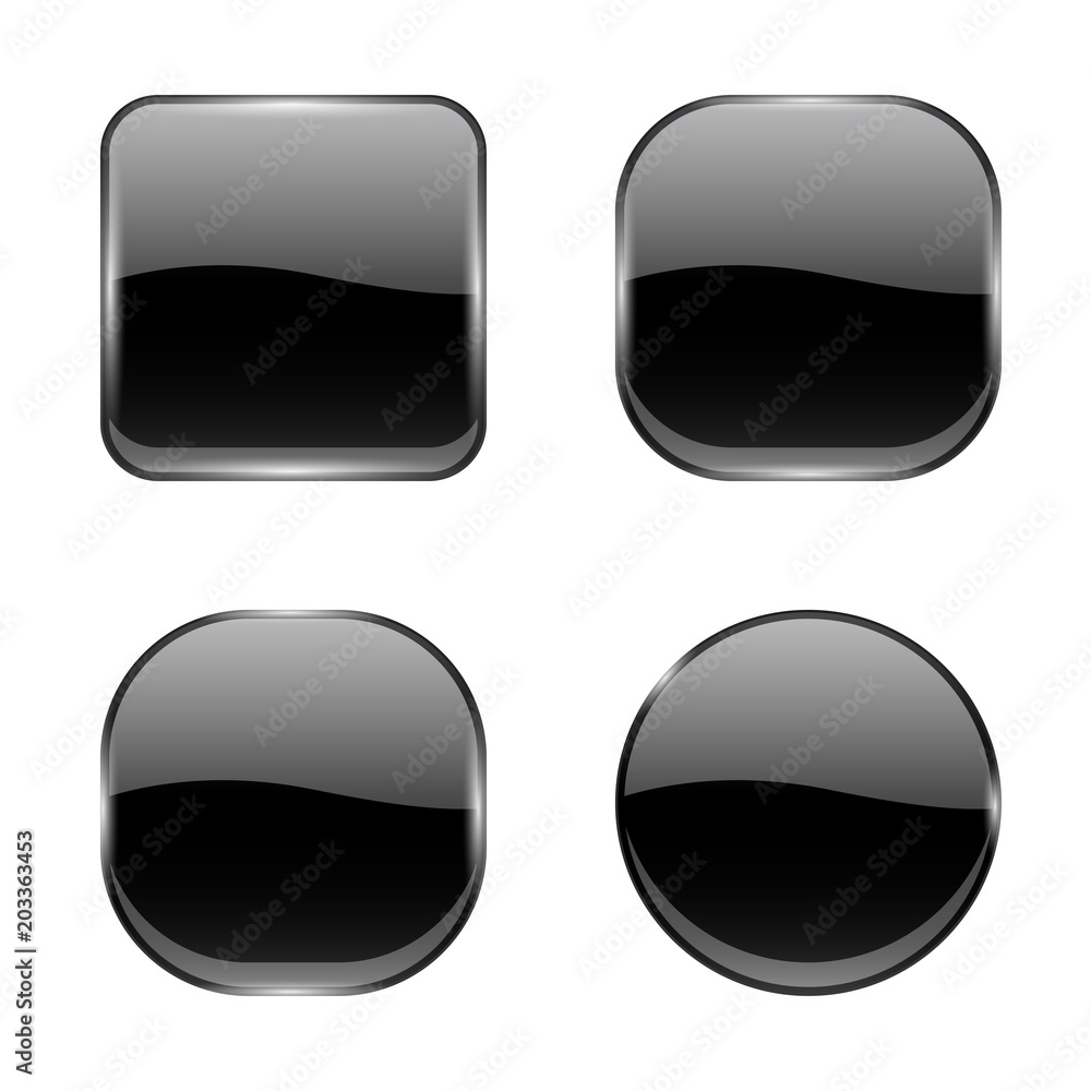 Black glass buttons. Shiny geometric 3d icons Black glass buttons. Shiny geometric 3d icons