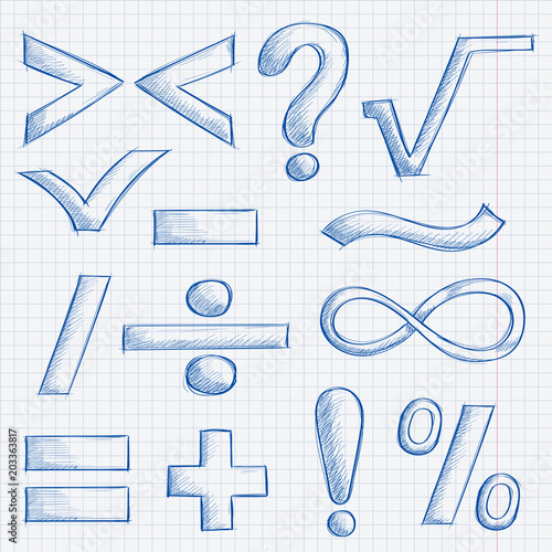 Mathematics and punctuation symbols. Hand drawn sketch on lined paper background