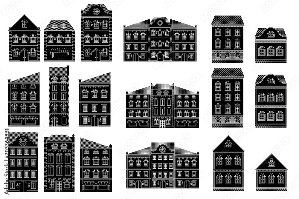 Houses. Old european buildings. Black drawing