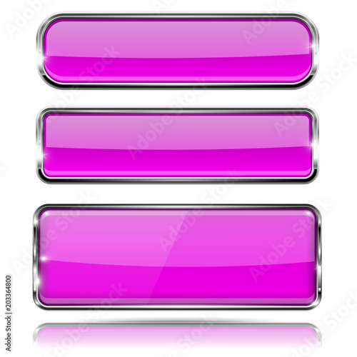Violet glass buttons. Rectangle 3d icons with chrome frame